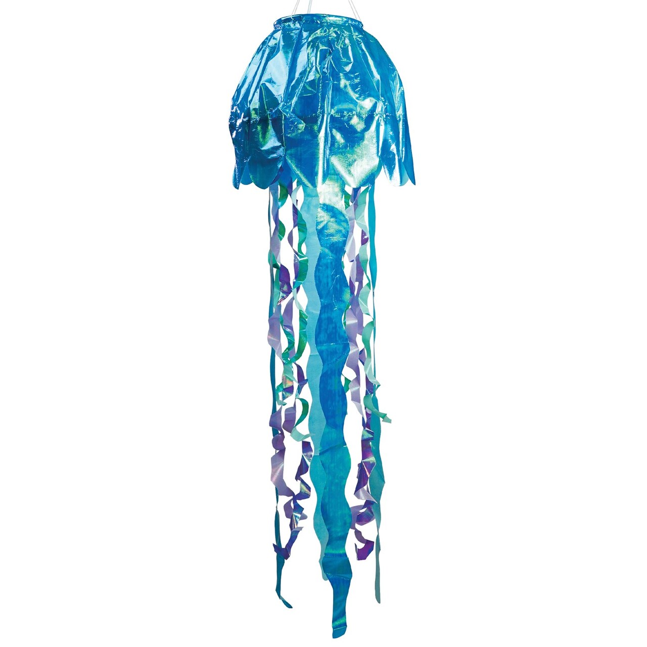 In the Breeze 5259 — 50-inch Blue Iridescent Jellyfish 3D Windsock — Simmering Windsock with Inflatable Head and Free-Flowing Tentacles
